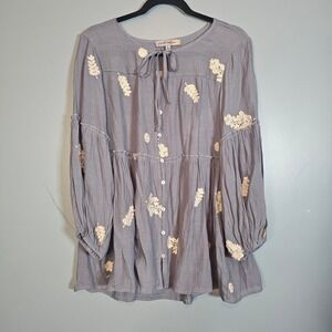 Figueroa & Flower Boho Embroidered Babydoll Blouse Blue Gray Large TER114ET